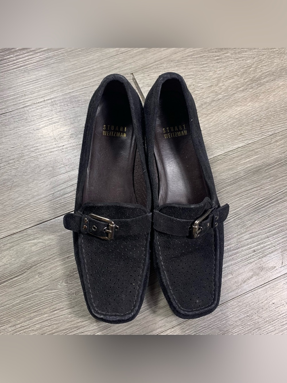 Stuart Weitzman Black Suede Square Toe Low Heel Loafers with Buckle Detail